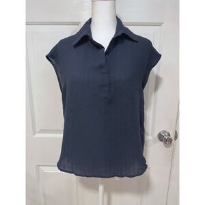 Monday Fun Womens‎ M Boxy Cropped Flowy Top Navy Blue Sleeveless Collared Casual